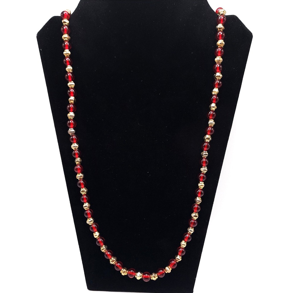 Vintage Red Glass Beaded Necklace Gold Tone Spacer Beads 8mm Round 37" Long